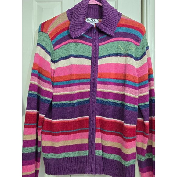 Tiara International Womens Multicolor Striped Knit Sweater Jacket W/ Zipper Fron - Picture 1 of 4